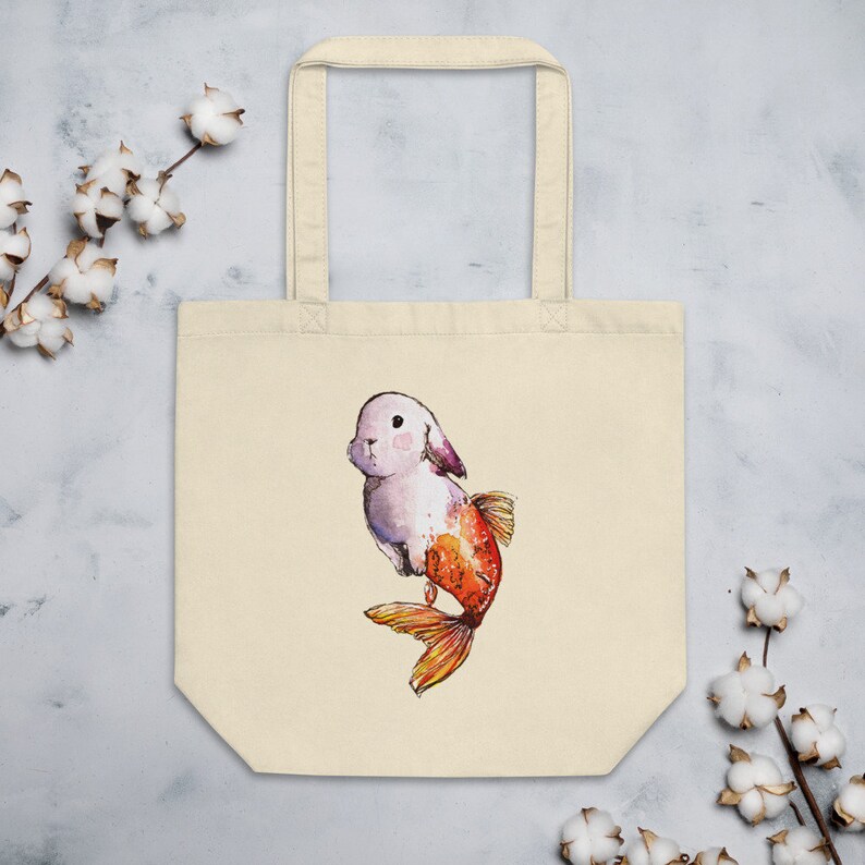 animal art gift eco friendly Goldfish Mermaid Bunny Organic Tote Bag rabbit beach wear fantasy cute art pet