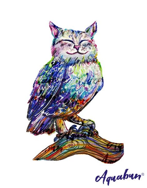 Meowl Watercolor Painting Print, Fantasy Nursery Art