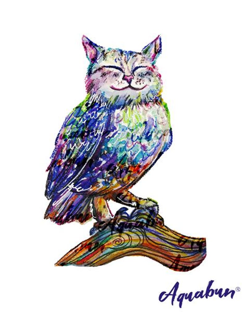 Meowl Watercolor Painting Print, Fantasy Nursery Art image 1