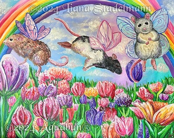 Rat Fairies Flower Springtime Rainbow Painting Print - Cottagecore Wall Art