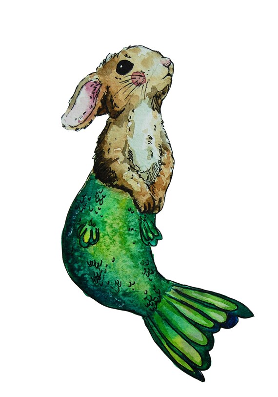 Mermaid Bunny Watercolor Painting Print rabbit pet animal Etsy