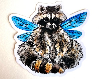 Raccoon Fairy Sticker Decal - cute stickers, raccoon art, raccoon lover gifts, raccoon decal, watercolor raccoon, fairy sticker, fantasy art