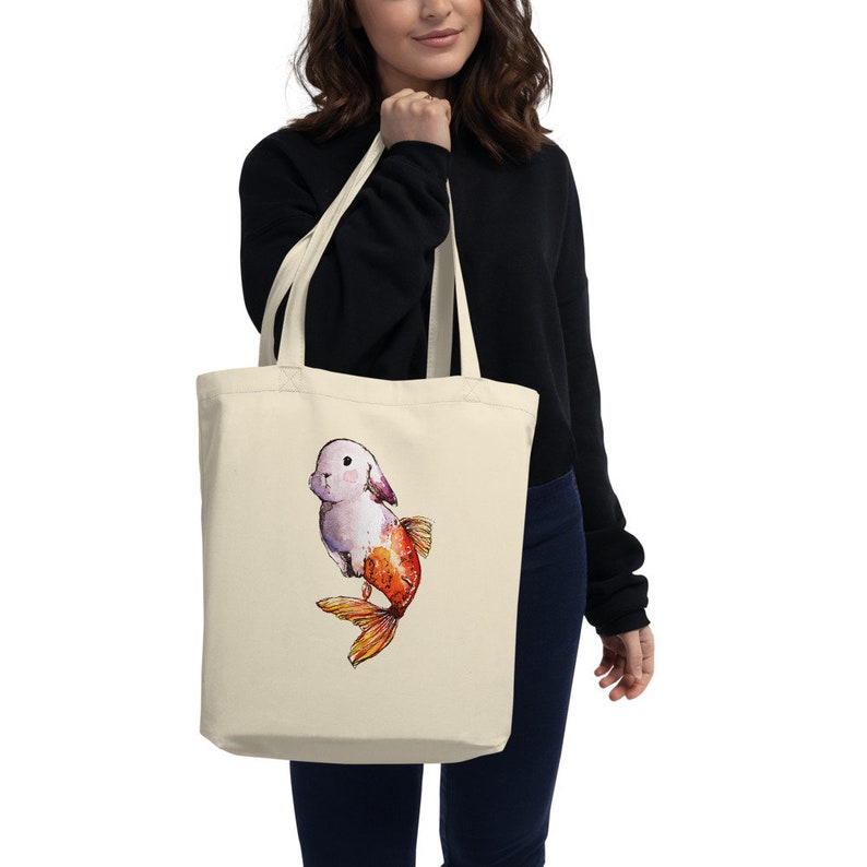 animal art gift eco friendly Goldfish Mermaid Bunny Organic Tote Bag rabbit beach wear fantasy cute art pet