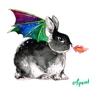 Dragon Bunny Watercolor Print, Fantasy Animal Art