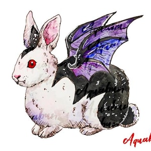 Vampire Bunny Watercolor Painting Print, Fantasy Animal Art