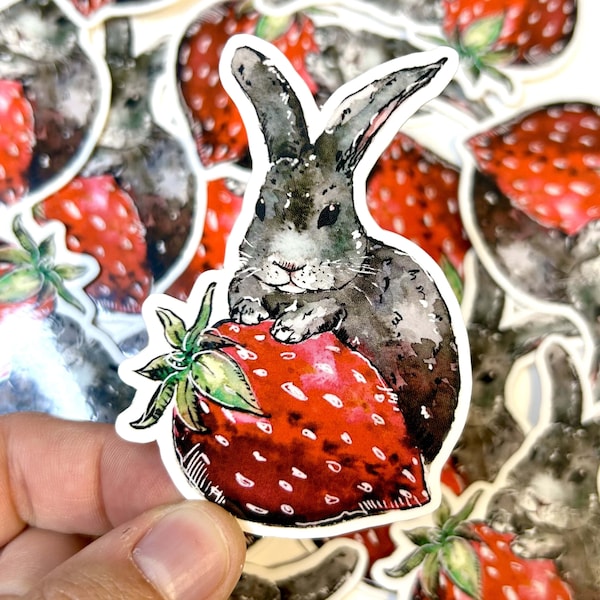 Strawberry Bunny Sticker Decal, waterproof stickers, fruit sticker, fruit painting, rabbit artwork, rabbit lover gift, grey bunny