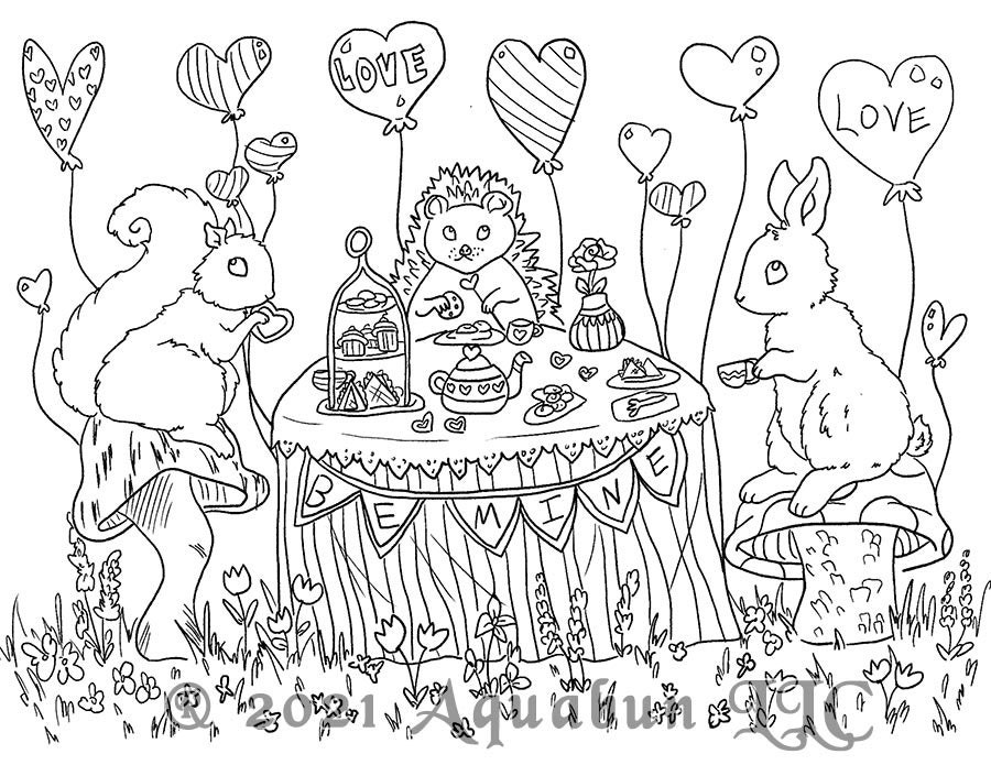 Valentine's Day Animal Tea Party Coloring Page INSTANT | Etsy