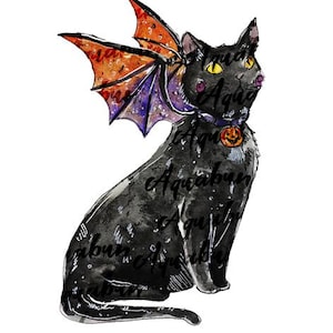 Halloween Dragon Cat Art Print, Spooky Kitten Watercolor