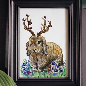 Jackalope Bunny Watercolor Painting Print , rabbit art print, animal art, cute cryptids, art for children kids room, mushroom forest