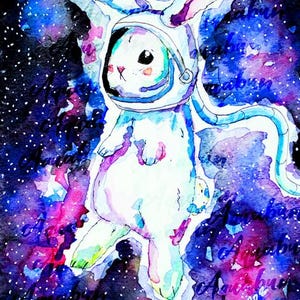 Astronaut Galaxy Bunny Watercolor Painting Print, Children's Room Art