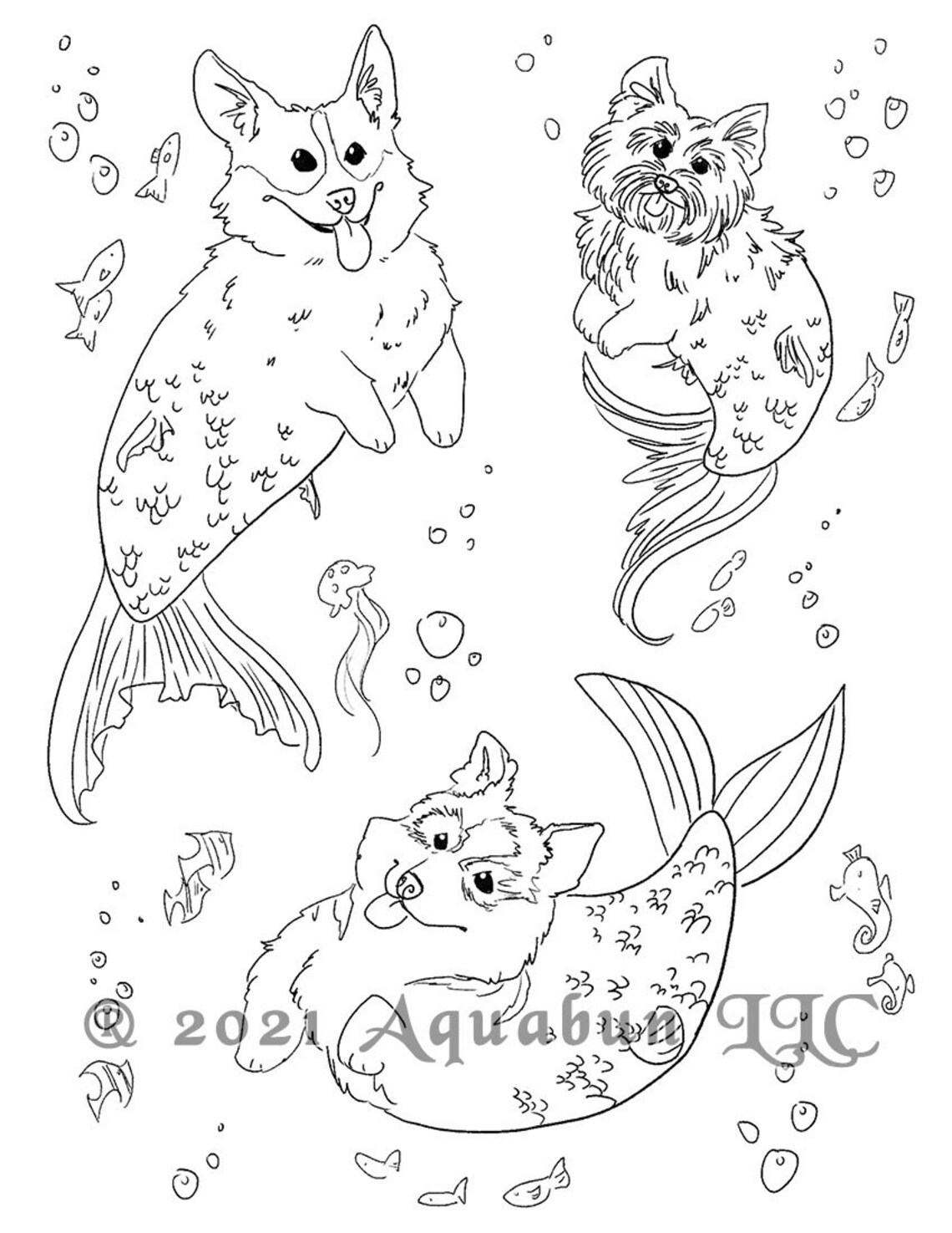 Mermaid Dogs Coloring Page INSTANT DOWNLOAD digital print | Etsy