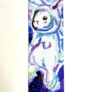 Astronaut Bunny Galaxy Space Watercolor Bookmark, Bookmarker, Bookmarking, Books, Reading, Book Art, Teachers, Cute Art, Rabbit Art