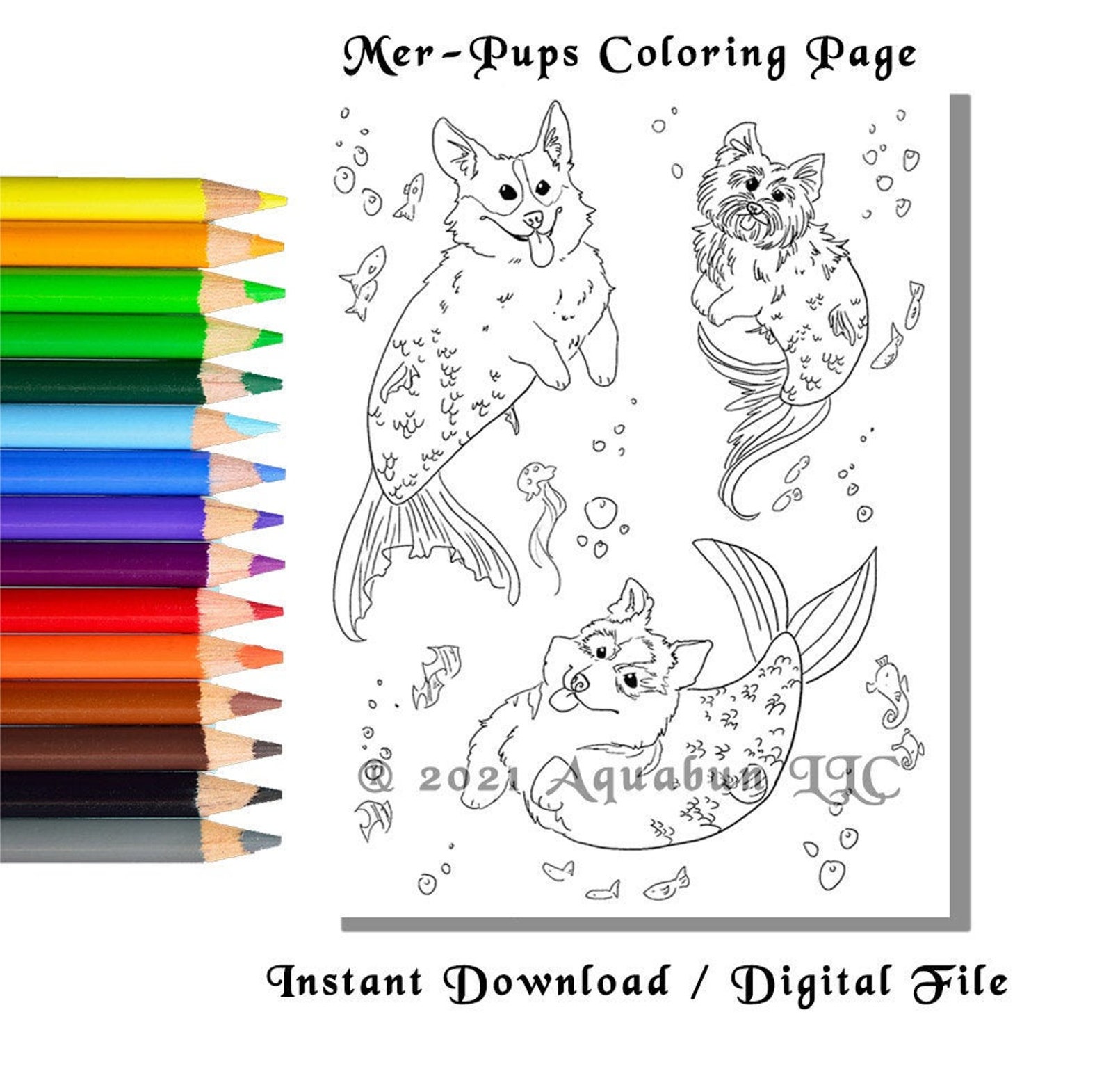 Mermaid Dogs Coloring Page INSTANT DOWNLOAD digital print | Etsy