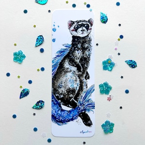 Ferret Mermaid Watercolor Bookmark, Bookmarker, Bookmarking, Books, Reading, Book Art, gifts for book lovers, ferret lover, weasels