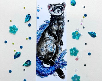 Ferret Mermaid Watercolor Bookmark, Bookmarker, Bookmarking, Books, Reading, Book Art, gifts for book lovers, ferret lover, weasels