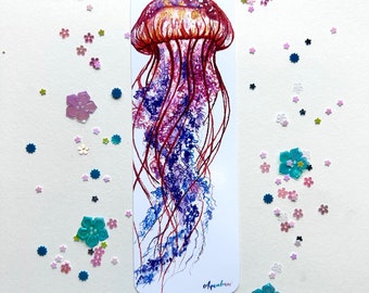 Jellyfish Watercolor Bookmark, Bookmarker, Bookmarking, Books, Reading, Book Art, gifts for book lovers, sea creatures, nautical ocean art