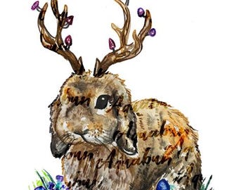 Jackalope Watercolor Print, Bunny Rabbit Art, Kids Room Decor