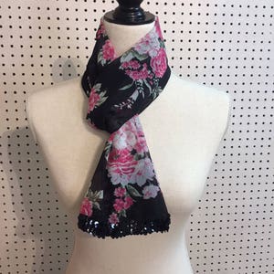 Pink, White and Black Peony Chiffon Bling Scarf | floral scarf | chiffon scarf | floral chiffon scarf | floral bling scarf