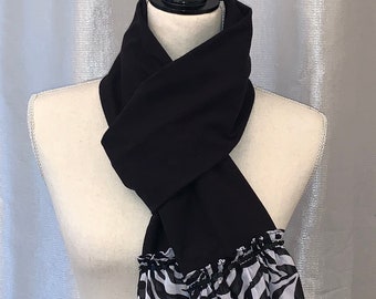 Black Jersey Scarf with Zebra Ruffle | animal print scarf | ruffle scarf | jersey scarf | black & zebra scarf | black and white scarf