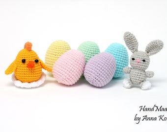 Set of 7 Crochet Easter eggs, bunny and chick. Easter basket stuffers gift for baby. Pastel Easter table decor