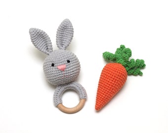 Bunny baby rattle and crochet  carrot toy Easter baby gift set