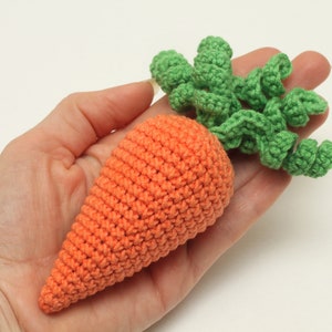 May include: A crocheted carrot toy with a green leafy top. The carrot is orange and the leaves are green.