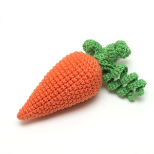 May include: A crocheted carrot toy with a green leafy top. The carrot is orange and the leaves are green.