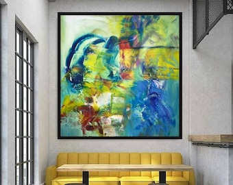 Extra großes abstraktes blaues Acryl-Originalgemälde, moderne Kunst auf Leinwand, zeitgenössische Kunst, Gemälde, übergroße Wandkunst, Gemälde auf Leinwand