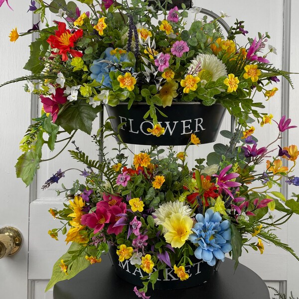 Flower Market, 2-Tier Artificial Wildflower Wall Metal Basket, Spring & Summer Faux Floral Décor