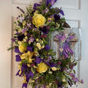 Easter Cross Floral Wreath, Handmade Spring Door Wreath with Roses, Wildflowers and Ribbon, Christian Easter Decor