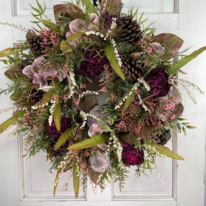 Fall Floral Wreath on Grapevine for Front Door, Wine, Pink, Green, and Beige Wreath, with Pumpkins