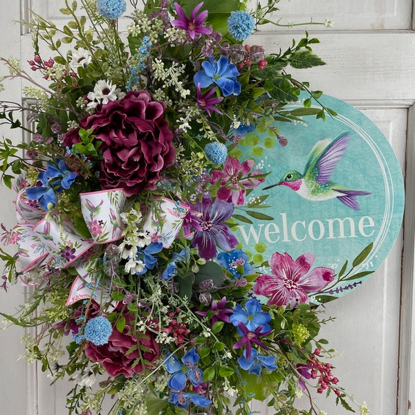 Spring Floral Hummingbird Wreath on Grapevine for Front Door, Pink, Blue, Purple Green, and White Wreath with Faux Wildflowers
