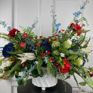 Patriotic Summer Artificial Floral Centerpiece, Handmade Red, White & Blue Arrangement in White Ceramic Container