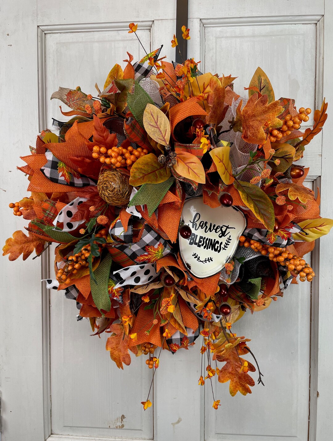 Fall Deco Mesh Wreath for Front Door, Orange and White Wreath With Faux ...