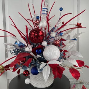Handmade Patriotic Tabletop Faux Floral Arrangement in Wooden Container, Red, White, and Blue Centerpiece with Berries and Butterflies