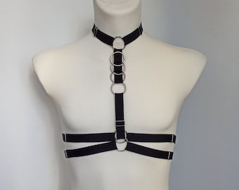 Harnais de poitrine élastique Black Tango avec quincaillerie en métal, TAILLE UNIQUE, harnais à sangle réglable, harnais extensible, cosplay, jeu de rôle, discothèque