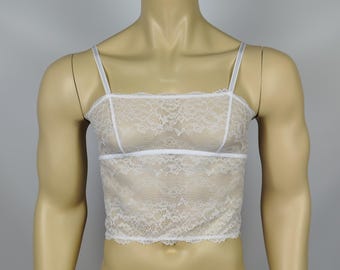 White Lotus Men Longline Wireless Lace Bralette by AiryBliss, Lace Lingerie for Men, Crossdresser, Sissy, Everyday Underwear