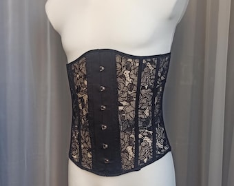 MEN&#39;S Black Macrame Semi-Sheer Steel Bones Underbust Corset, Body Shaper, Underwear Corset, Men Lingerie
