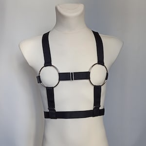 Black Rings Elastic chest harness with metal hardware, ONE SIZE, adjustable strap harness, Stretch Harness, Cosplay, roleplay, nightclub