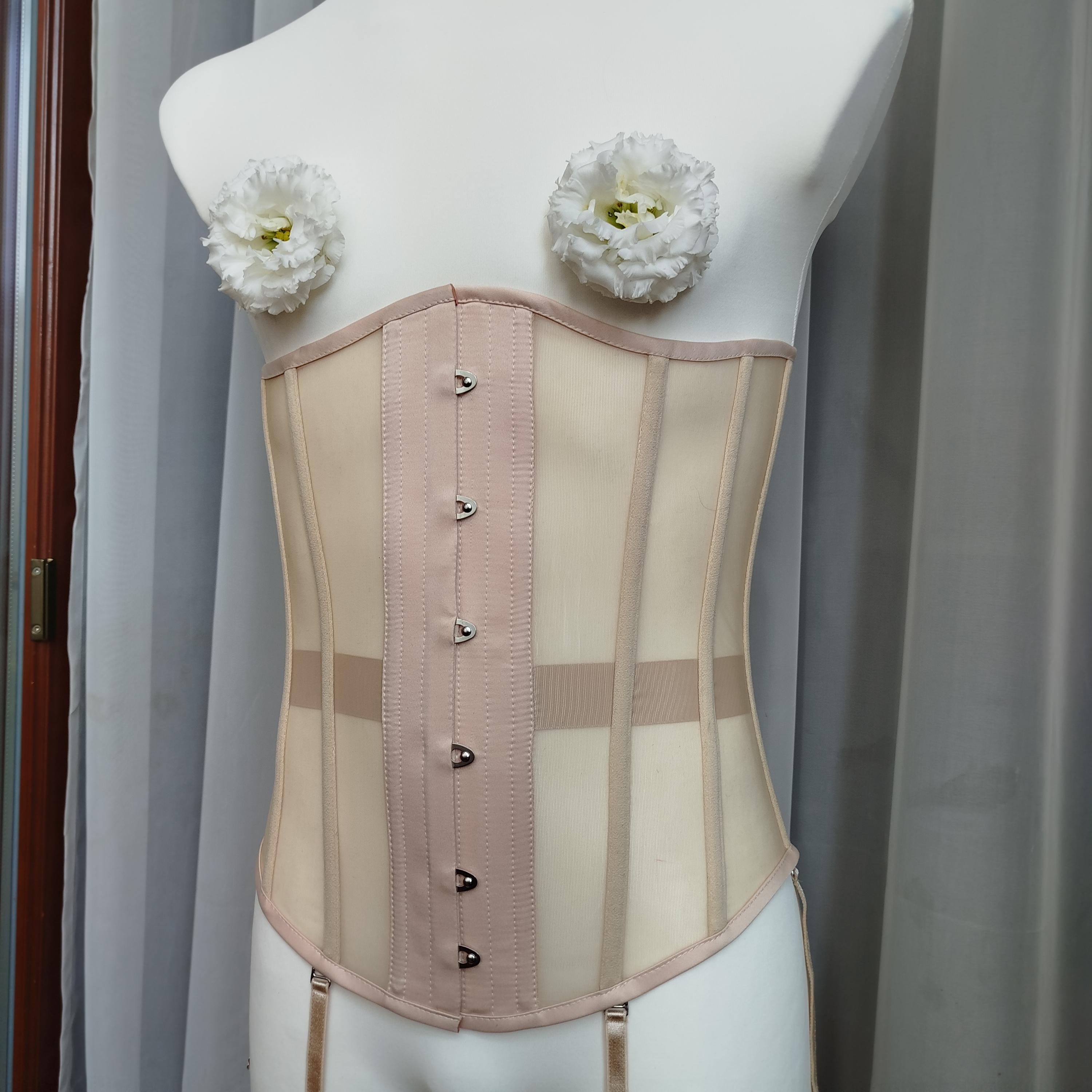 MEN'S Beige Mesh Sheer Steel Bones Underbust Longline Corset, Body Shaper, Underwear Corset, Men Lingerie