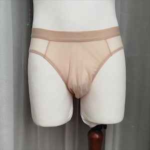 Beige pouch mesh Briefs, Men Briefs, See through Underwear, Classic and Enlarged pouch, extended pouch briefs