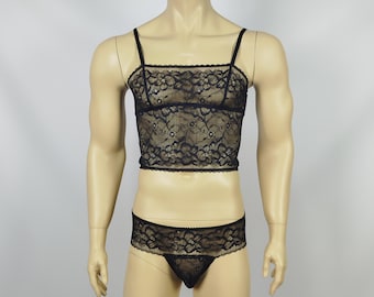Black Lotus Men Set of Longline Wireless Lace Bralette and Knickers by AiryBliss, Lace Lingerie for Men, Crossdresser