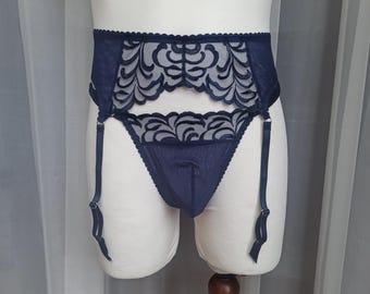 Lace Swirls in Navy Gentle Men Set Style1, Suspender Belt and Thong for Men, Crossdresser, Sissy Lingerie for Men, Matching Lingerie