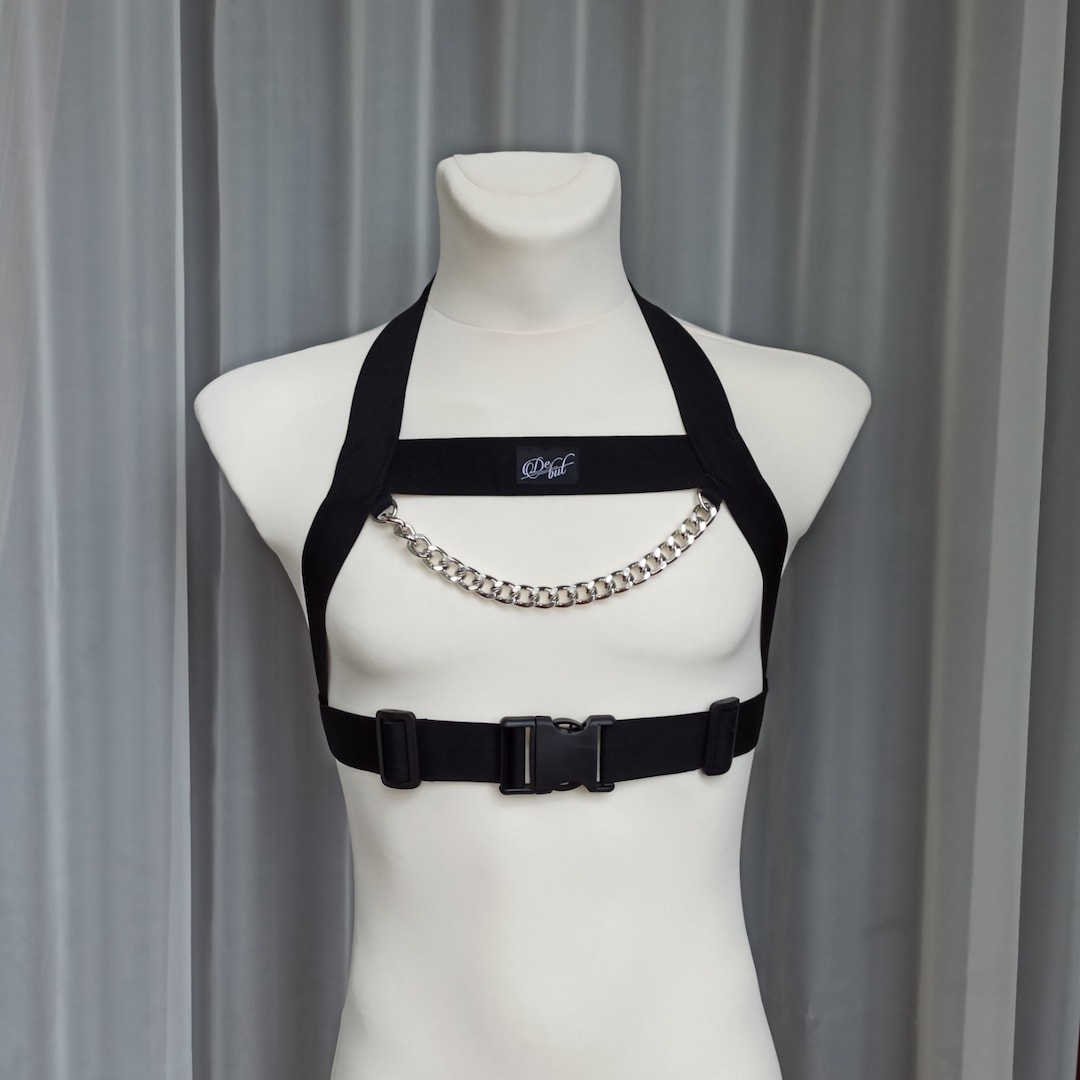 Fast4 Men Black Elastic Chest Harness With Chain Etsy