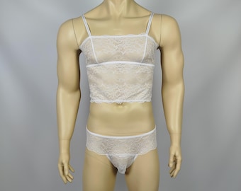 White Lotus Men Set of Longline Wireless Lace Bralette and Knickers by AiryBliss, Lace Lingerie for Men, Crossdresser