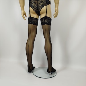 Mens Classic Black 20 denier Backseam Stockings with Lace Top by AiryBliss - Crossdresser Stockings - Handmade Custom Stockings