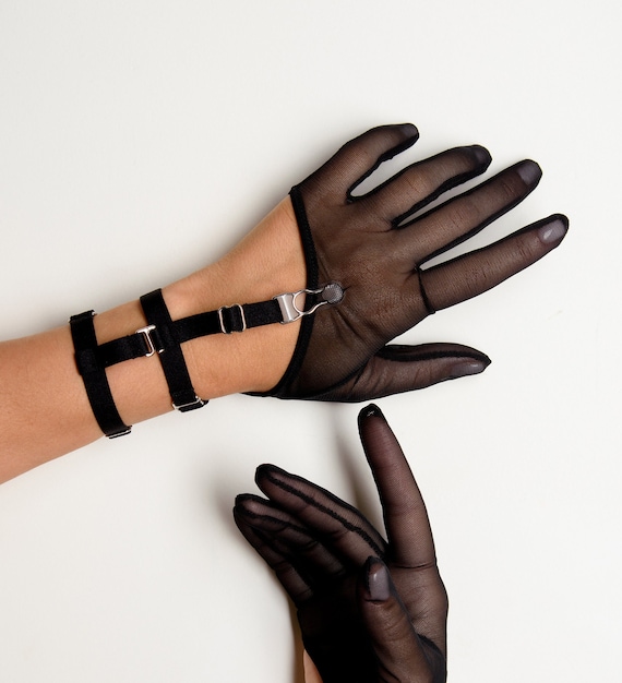 LILIANE BLACK Men/women Black Mesh Double-strapped Gloves, Gothic Gloves,  Sheer Black Mesh Mittens, Erotic Sexy Lingerie