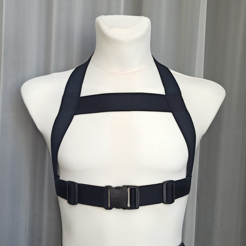 May include: A black adjustable harness with a buckle closure. The harness has two straps that go over the shoulders and a strap that goes across the chest.
