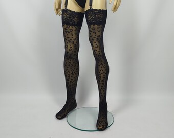 Mens Black Leopard Stockings with Lace Top by AiryBliss - Crossdresser Stockings - Handmade Custom Stockings