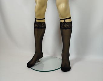Schwarze Herren-Ministrümpfe mit schwarzem Spitzenbund von AiryBliss – Kniestrümpfe für Crossdresser – Handgefertigte Strümpfe nach Maß